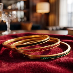 May include: Three gold-toned metal hinged bangle bracelets. One bracelet features a smooth black inlay, the second is set with a row of small red stones, and the third is set with a row of small green stones. Each bracelet has a polished finish.