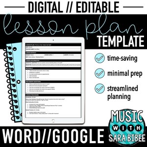 May include: A digital and editable lesson plan template displayed on a tablet. The template includes sections for lesson details, information, and procedures. The image also features the text "time-saving," "minimal prep," and "streamlined planning."