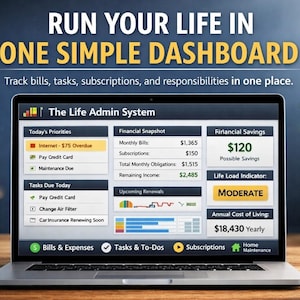 Op de afbeelding: Een laptop met het dashboard "The Life Admin System". Het scherm toont financiële gegevens, taken en abonnementen. De tekst bovenaan luidt "RUN YOUR LIFE IN ONE SIMPLE DASHBOARD".