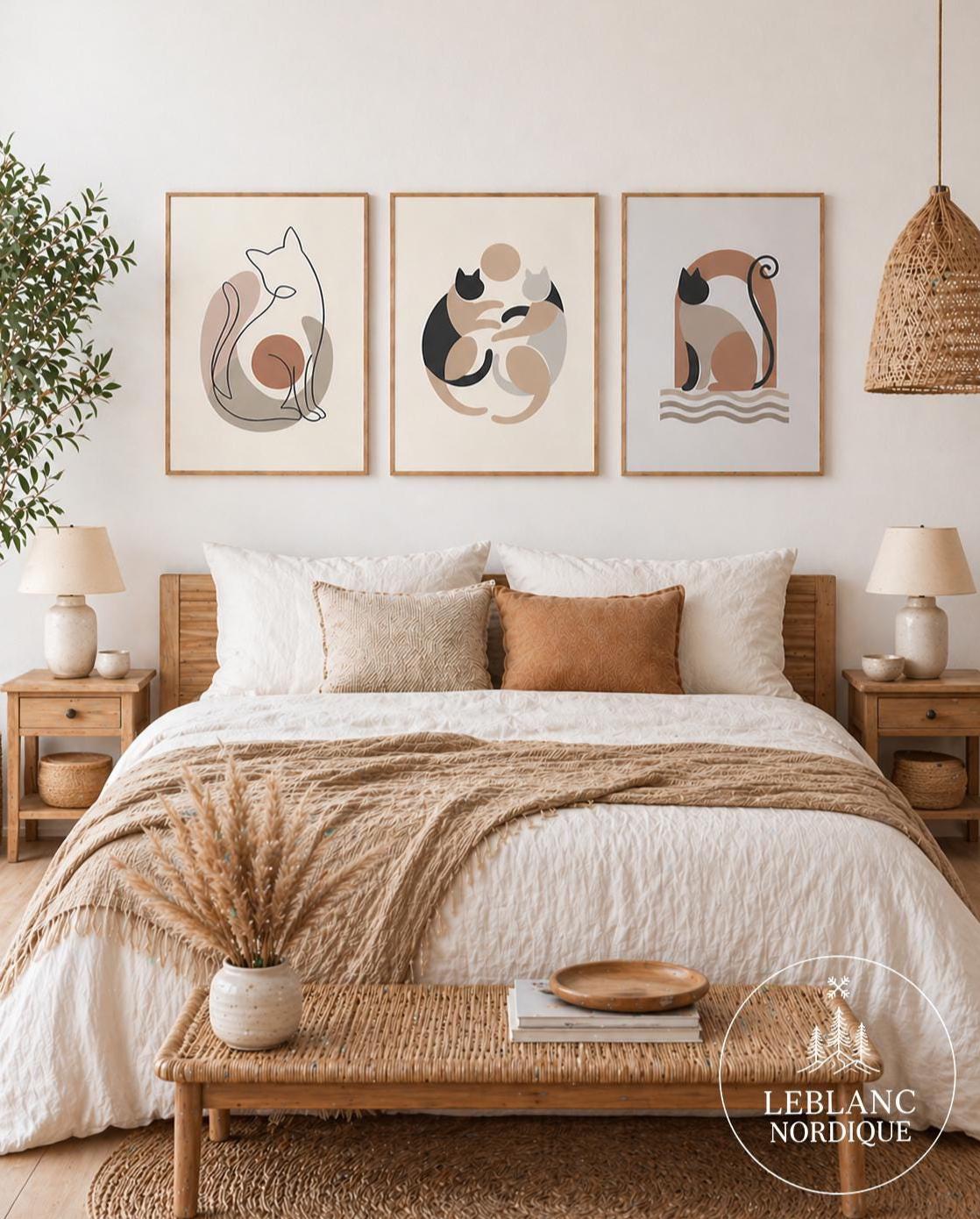 Cat Wall Art Set of 3 Printable Neutral Boho Scandinavian Decor ...