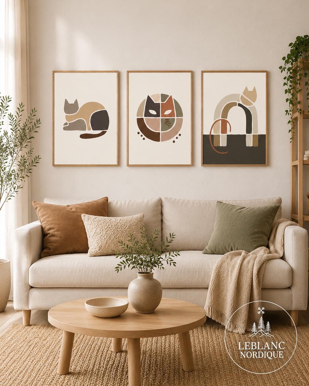 Living Room - Japandi Cat Wall Art Set of 3 Printable Neutral ...