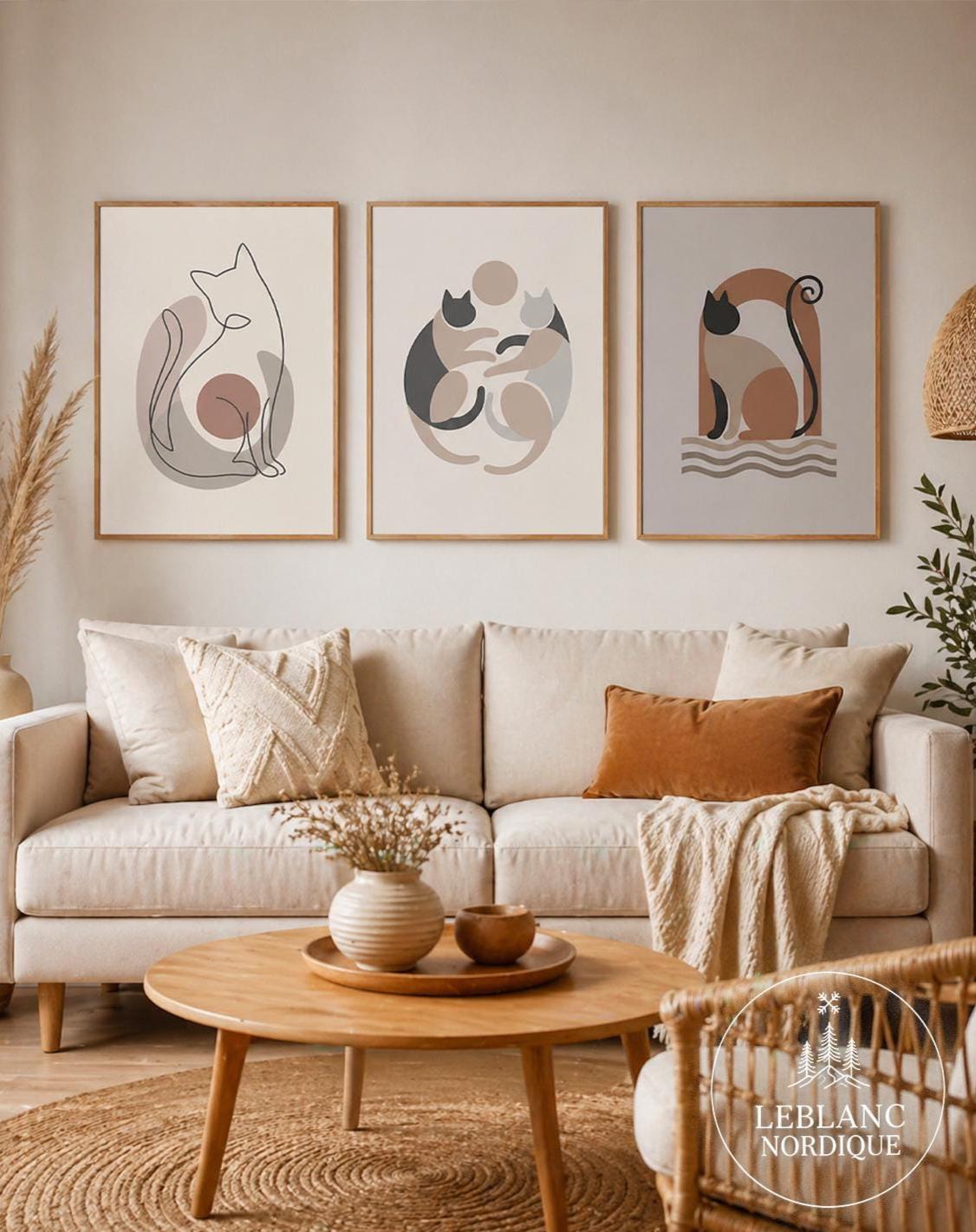 Cat Wall Art Set of 3 Printable Neutral Boho Scandinavian Decor ...