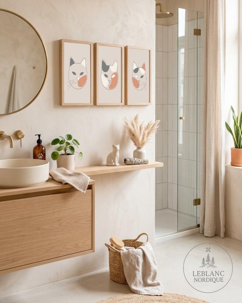Bathroom – Cat Wall Art Set of 3 Printable Minimalist Scandinavian Boho ...