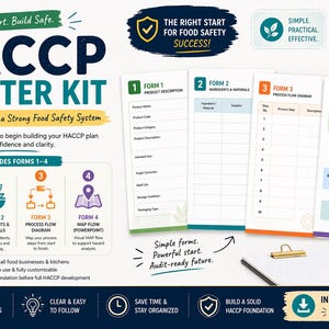 May include: HACCP Starter Kit with forms 1-4, designed for small food businesses. Includes product description, ingredients, process flow diagram, and map flow. The kit is easy to use and fully customisable, with a focus on food safety.