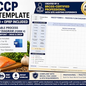 May include: A HACCP plan template with forms 1-10, including an editable process flow diagram in PowerPoint. The image shows fresh food items like salmon, tomatoes, and garlic, and the text says it is audit-ready.