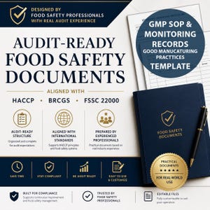 Puede incluir: Un documento azul marino con las palabras "Food Safety Documents" y un sello dorado. La imagen también incluye un bolígrafo, una plantilla y el texto "Audit-Ready Food Safety Documents" y "GMP SOP & Monitoring Records".