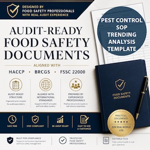 Può includere: Un documento blu navy intitolato "Food Safety Documents" con dettagli dorati, una penna e un modello per "Pest Control SOP Trending Analysis". L'immagine include anche il testo "Audit-Ready Food Safety Documents".
