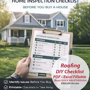 Può includere: Un elenco di controllo per l'ispezione della casa intitolato "Home Inspection Checklist Before You Buy a House". L'elenco di controllo include sezioni per le ispezioni esterne e interne. L'immagine include anche il testo "Roofing DIY Checklist PDF Excel Fillable (Buyer QUICK WALKTHROUGH) ENGLISH Version."