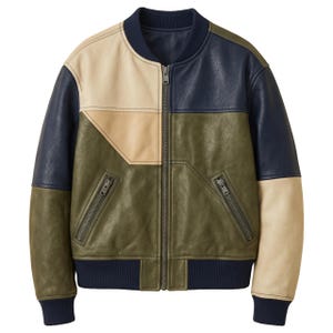 Puede incluir: Chaqueta bomber de cuero con bloques de color en azul marino, verde oliva y beige. La chaqueta presenta una cremallera frontal, dos bolsillos con cremallera y puños y dobladillo de canalé. El cuello y los puños son de color azul marino.