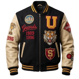 Herren Schwarz Varsity Jacke Tiger Patch Letterman Bomber Streetwear College Mantel
