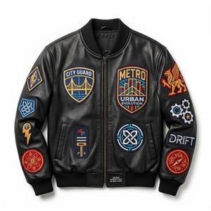 Può includere: Giacca bomber in pelle nera con diverse toppe ricamate. Le toppe includono le parole "CITY GUARD", "METRO URBAN EVOLUTION" e "DRIFT", insieme a vari disegni grafici. La giacca ha colletto, polsini e fascia in vita a coste.