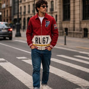 Może przedstawiać: Czerwona kurtka zapinana na zamek z białym panelem przednim z napisem RL 67, Ralph Lauren i Est. 1967. Kurtka posiada niebieskie logo P ze skrzydłem, naszywkę z flagą USA, numer 10 na rękawie oraz prążkowane mankiety, zestawiona z niebieskimi dżinsami.