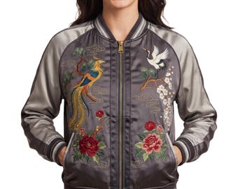 Women Embroidered Satin Bomber Jacket Floral Crane Varsity Jacket