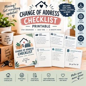 Könnte beinhalten: Eine druckbare Checkliste für den Adresswechsel mit einem Deckblatt und verschiedenen kategorisierten Aufgabenlisten für Post, Behörden, Banken, Versorgungsunternehmen, Abonnements und weitere wichtige Aktualisierungen mit Text.