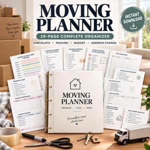 Op de afbeelding: Een witte map met de titel Moving Planner en een huisicoon, omringd door diverse geprinte checklists, waaronder een tijdlijn van 8 weken, een paklijst, een doosinventaris en een budgettracker.