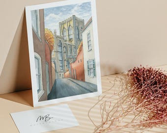 Láminas de acuarela de la Catedral de York, arte de paisaje urbano otoñal.
