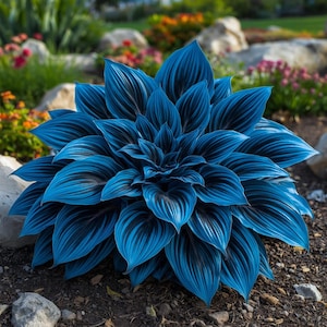 May include: A vibrant blue dahlia flower with pointed, layered petals that transition from deep navy at the center to a bright, saturated cyan at the tips. The bloom features a symmetrical, star-like arrangement of foliage with visible veins.