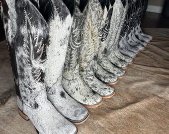 Botas vaqueras de piel de vaca para mujer, estilo western en blanco y negro, con bordados y detalles de cuero, estilo vaquera y botas altas con tachuelas.