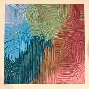 May include: A square canvas painting featuring thick, textured impasto paint applied in repeating arched and curved lines. The color palette transitions from light blue and teal on the left to olive green, warm brown, and shades of pink and red on the right.