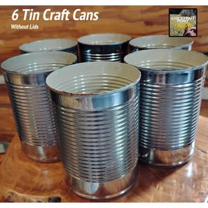 May include: A set of six silver-colored metal craft cans without lids. Each cylindrical container features a ribbed exterior texture and a smooth, light-colored interior finish. The text 6 Tin Craft Cans Without Lids is visible at the top.