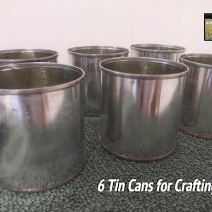 May include: Six silver-colored tin cans arranged on a green surface. The cans are cylindrical with a rolled rim. Text at the bottom reads "6 Tin Cans for Crafting". The cans are empty and ready for use.