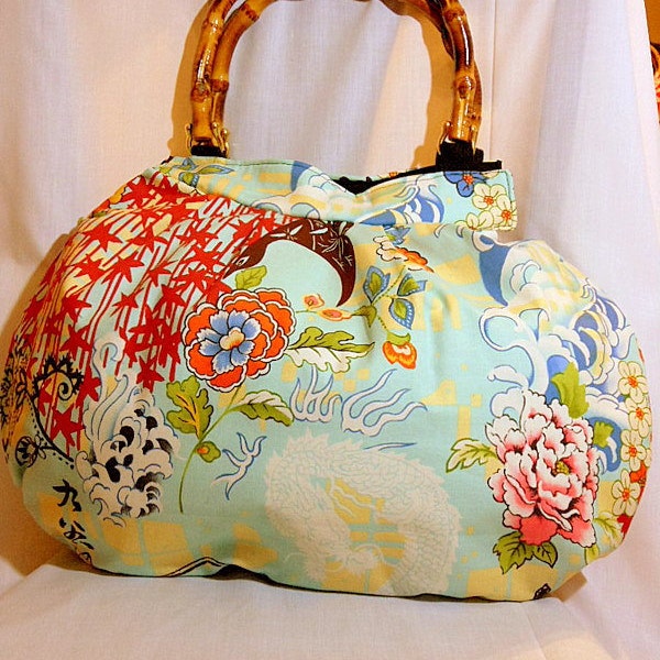Japanese Bag, Large Purse, Handbag, Bamboo Handle Bag - Japanese Print Cotton fabric - Kyoto Style, Beige and Light Blue - In Stock