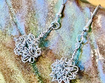 Dangle Drop Wire wrapped Earrings, Silver wire ball, SMALL earrings, handmade wire metal jewelry, Gift for her, everyday use, business