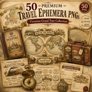 Puede incluir: Una colección digital de 50 archivos PNG de efímera de viaje de estilo vintage que incluye mapas, un pasaporte de lujo, un billete de tren de vapor, una tarjeta de embarque, un visado de viaje, sellos de la era victoriana y una brújula de latón.