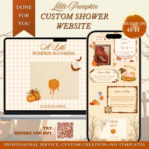 Peut inclure: Un ordinateur portable et un smartphone affichant un site web personnalisé pour une fête prénatale sur le thème de la citrouille. Les écrans présentent du texte dont "A Little Pumpkin Is Coming" et un code QR, sur un fond aux tons automnaux.
