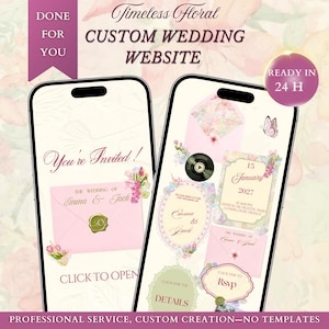 Peut inclure: Deux smartphones affichant un site web de mariage personnalisé avec des motifs floraux. Les écrans présentent du texte incluant "Timeless Floral", "You're Invited!", "Emma & Jack", "15 January 2027" et "RSVP". L'interface inclut des enveloppes roses, un papillon et une icône de disque vinyle.