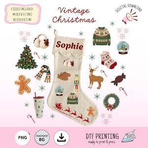 May include: A digital download file for DTF printing featuring a cream-colored Christmas stocking personalized with the name Sophie. The design includes festive graphics like a gingerbread man, a reindeer, a nutcracker, a sweater, and a Santa sleigh.