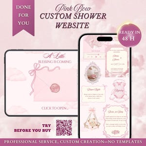 Peut inclure: Une tablette et un smartphone affichant un site web personnalisé pour une fête prénatale sur le thème rose. Les écrans présentent du texte incluant Pink Bow Custom Shower Website, A Little Blessing Is Coming et Ready In 48 H. Un QR code est visible.