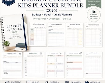 Printable Teacher templates, weekly Student, Kids Planner Bundle (2026) – Budget, Food, Goals Planners (Digital Download)