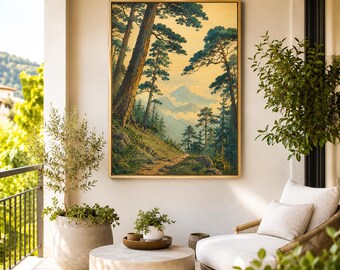 Tranquil Mountain Landscape Wall Art, Vintage Japanese Forest Poster, Minimalist Tree Scene, Retro Nature Print, Serene Home Decor