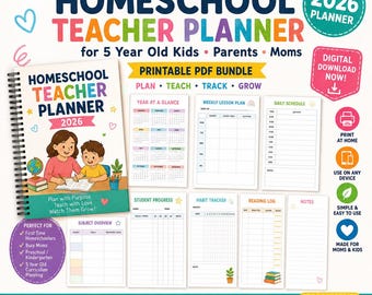 Homeschool Teacher Planner simple Printable for 5 year old kids parents moms 2026 PDF bundle digital download