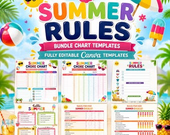 Summer Chore Chart daily task Bundle  Editable Canva Templates printable chore charts customizable for kids routine screen time Rules