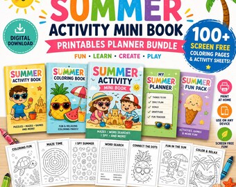 Kids Summer activity mini book printables planner Bundle downloads packs, 100+ Screen Free coloring pages with sheets (digital Download)