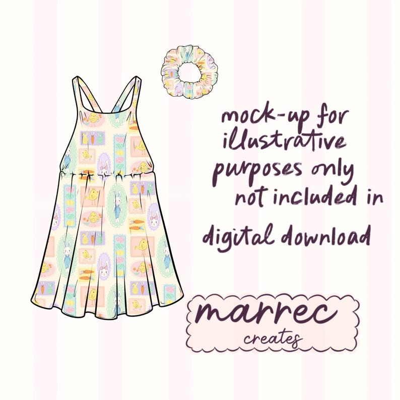 K&ouml;nnte beinhalten: Ein &auml;rmelloses Kleid mit hellgelbem Hintergrund und einem sich wiederholenden Muster aus Hasen, K&uuml;ken und Karotten in Pastellfarben, dazu ein passendes Haargummi. Der Text lautet: mock-up for illustrative purposes only not included in digital download und marrec creates.