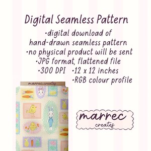 K&ouml;nnte beinhalten: Digitales nahtloses Muster mit handgezeichneten Oster-Motiven wie Hasen, K&uuml;ken, Karotten und Eiern in Pastellrahmen. Der Text umfasst Digital Seamless Pattern, digitaler Download, JPG-Format, 300 DPI, 30,48 x 30,48 cm, RGB-Farbprofil und marrec creates.