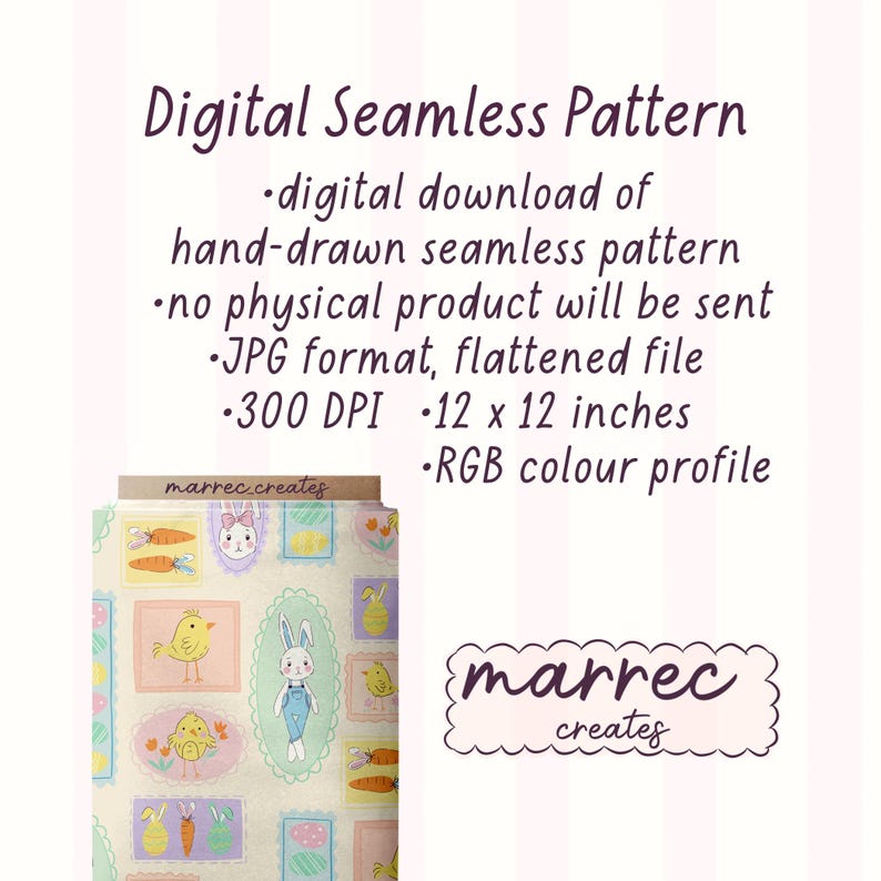 K&ouml;nnte beinhalten: Digitales nahtloses Muster mit handgezeichneten Oster-Motiven wie Hasen, K&uuml;ken, Karotten und Eiern in Pastellrahmen. Der Text umfasst Digital Seamless Pattern, digitaler Download, JPG-Format, 300 DPI, 30,48 x 30,48 cm, RGB-Farbprofil und marrec creates.