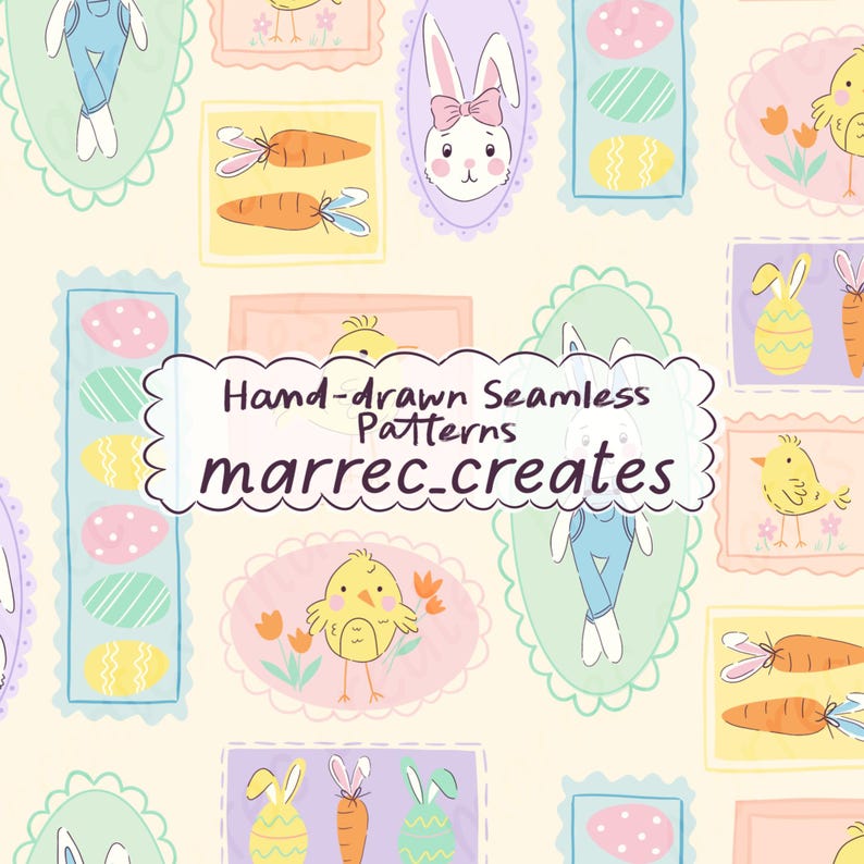 K&ouml;nnte beinhalten: Ein nahtloses Muster mit handgezeichneten Illustrationen von Osterhasen, gelben K&uuml;ken, Karotten und verzierten Eiern in Pastellfarben. Der Text Hand-drawn Seamless Patterns marrec_creates ist mittig &uuml;ber dem wiederkehrenden Design platziert.