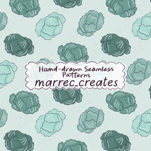 May include: Seamless pattern featuring hand-drawn cabbage illustrations in shades of teal and green on a light blue background. The design includes the text "Hand-drawn Seamless Patterns" and "marrec_creates" in a white, cloud-shaped banner.