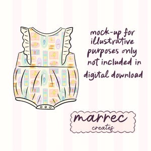 K&ouml;nnte beinhalten: Ein &auml;rmelloser Baby-Strampler mit ger&uuml;schten Schultern und einem hellen Muster aus gelben K&uuml;ken, wei&szlig;en Kaninchen und orangefarbenen Karotten. Der Text lautet: mock-up for illustrative purposes only not included in digital download und marrec creates.