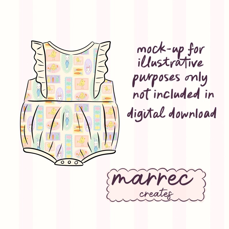 K&ouml;nnte beinhalten: Ein &auml;rmelloser Baby-Strampler mit ger&uuml;schten Schultern und einem hellen Muster aus gelben K&uuml;ken, wei&szlig;en Kaninchen und orangefarbenen Karotten. Der Text lautet: mock-up for illustrative purposes only not included in digital download und marrec creates.