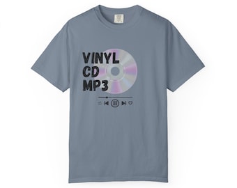 Camiseta con diseño de reproductor de música MP3 y CD de vinilo / Diseño retro de disco