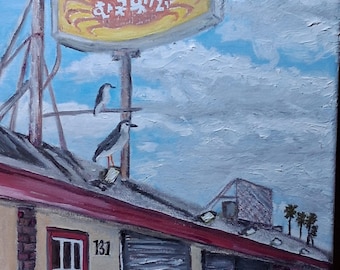 8x10" oil on canvas - original artwork - Redondo Beach Pier - Pacific Fish Sign - California