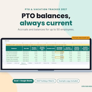 Balances tab of a PTO tracker spreadsheet on a laptop, showing example vacation earned, used and balance for each employee