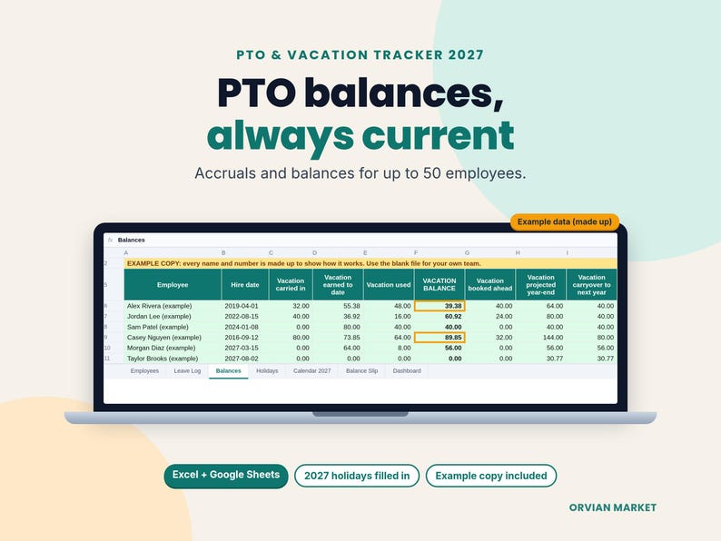 Balances tab of a PTO tracker spreadsheet on a laptop, showing example vacation earned, used and balance for each employee