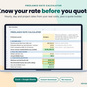 Freelance rate calculator spreadsheet open on a laptop showing minimum and recommended hourly rates