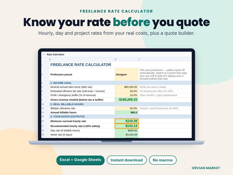 Freelance rate calculator spreadsheet open on a laptop showing minimum and recommended hourly rates